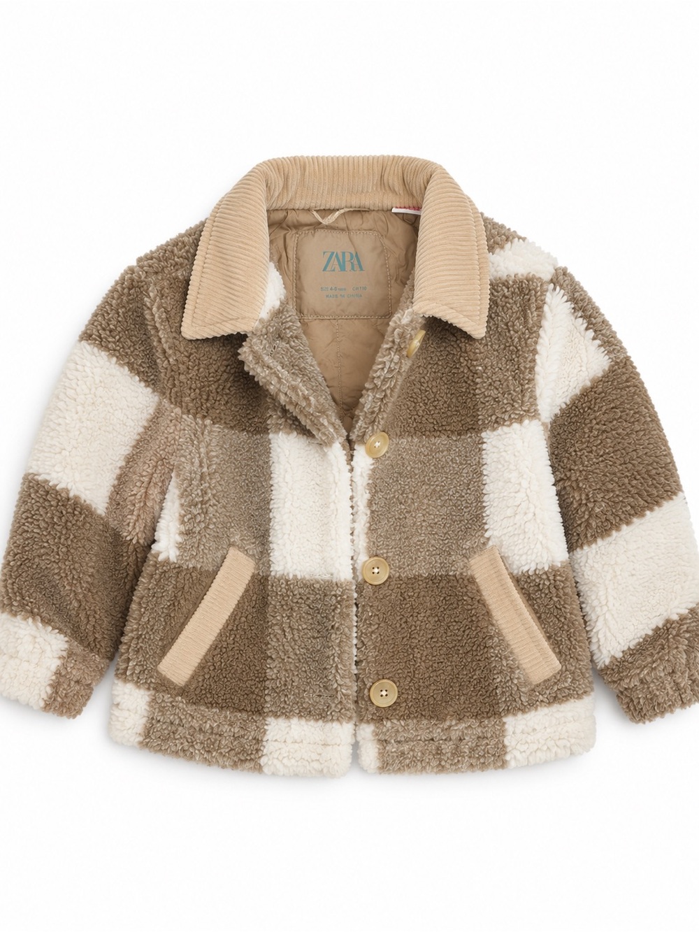 Zara Kids Beige Cream Plaid Sherpa Teddy Fleece Jacket NEW